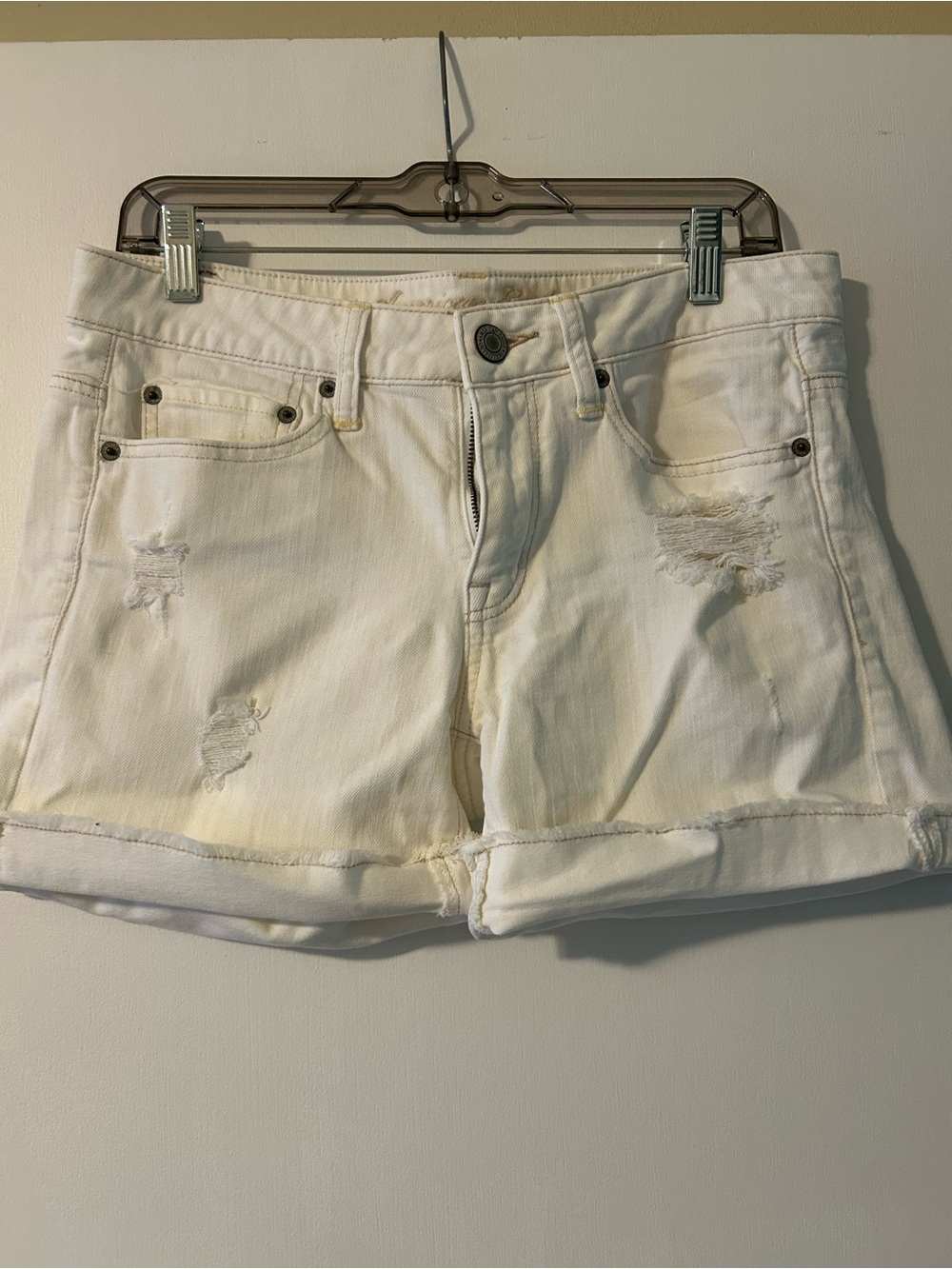 American Eagle Outfitters White Distressed Rolled-Hem Jean Shorts